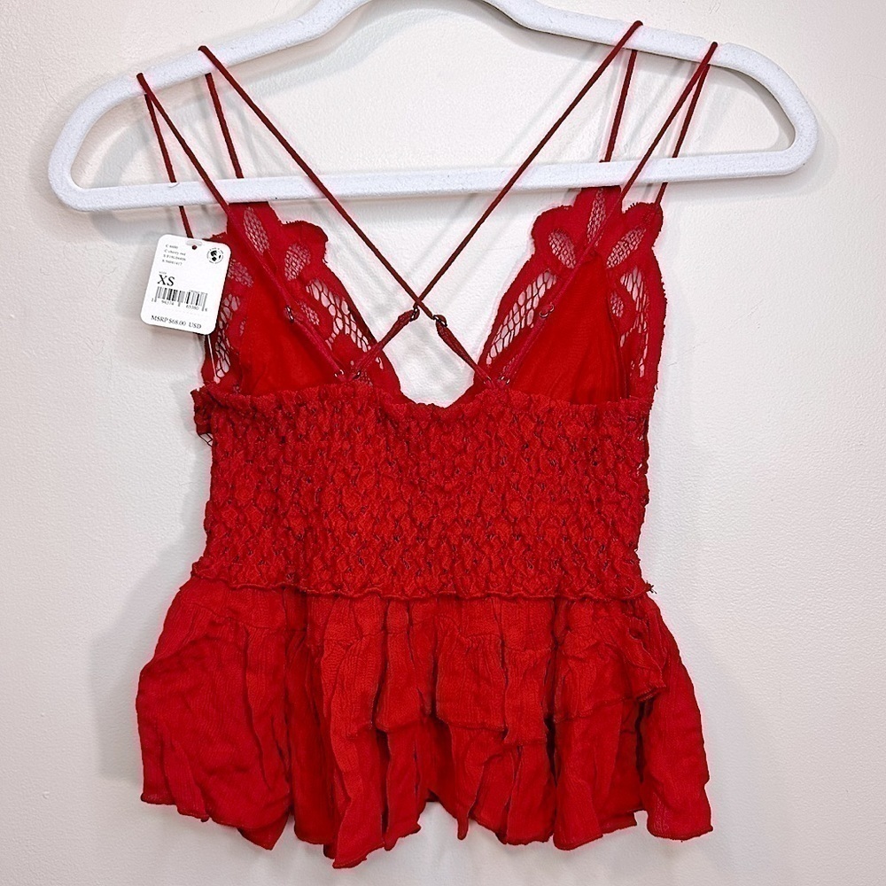 NWT Free People Women’s Adella Lace Ruffled Cami Top Cherry Red Size X-Small - Picture 3 of 13